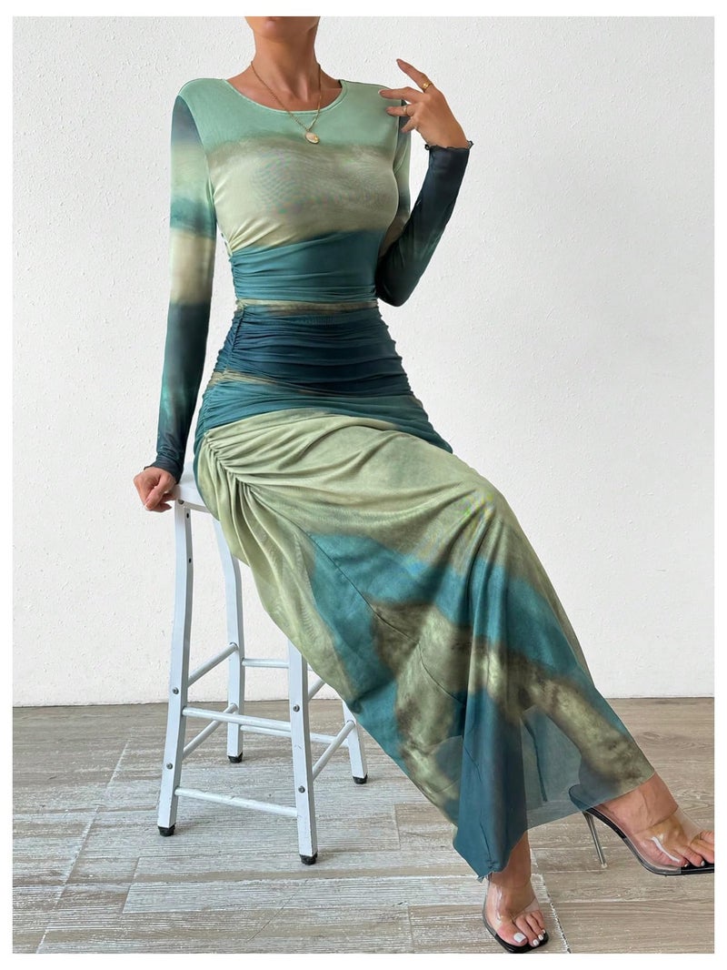 BEAUDRM Women's Fall Wedding Guest Dress Long Sleeve Cocktail Date Night Sexy Y2K Bodycon Ruched Mesh Formal Maxi Dresses Green Small - Image 3