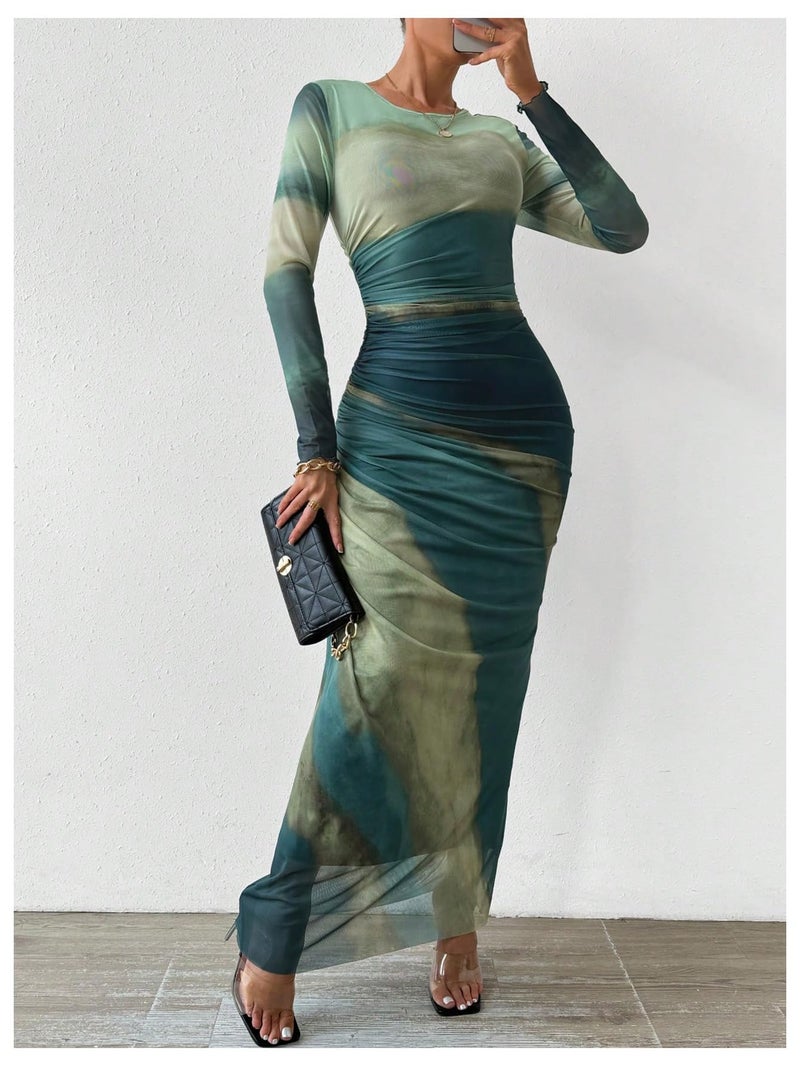BEAUDRM Women's Fall Wedding Guest Dress Long Sleeve Cocktail Date Night Sexy Y2K Bodycon Ruched Mesh Formal Maxi Dresses Green Small - Image 4