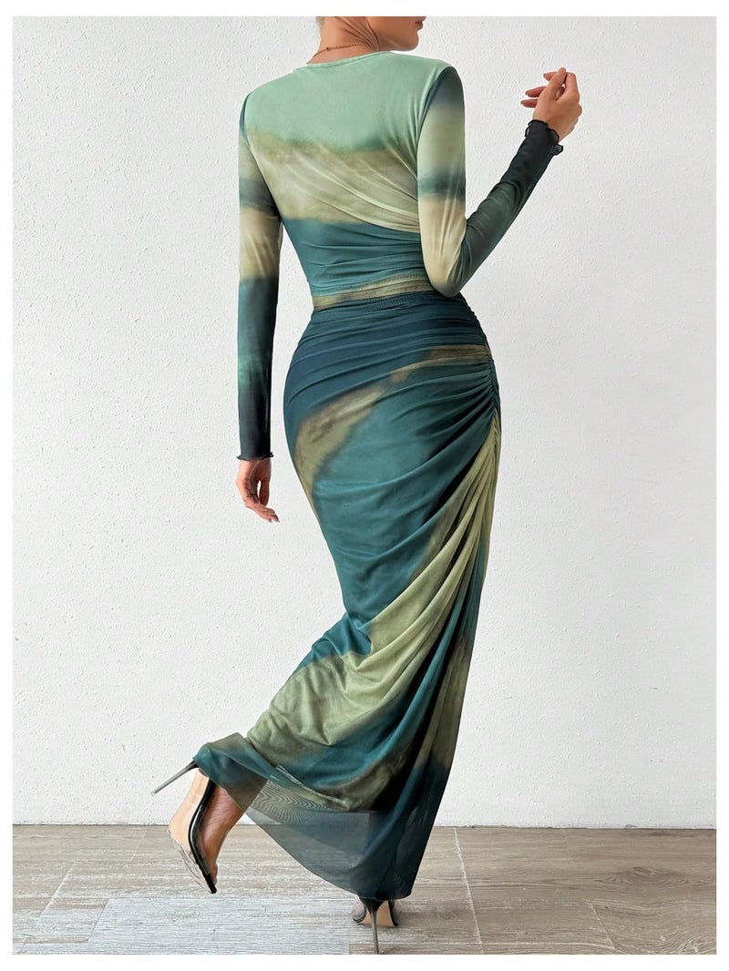 BEAUDRM Women's Fall Wedding Guest Dress Long Sleeve Cocktail Date Night Sexy Y2K Bodycon Ruched Mesh Formal Maxi Dresses Green Small - Image 2