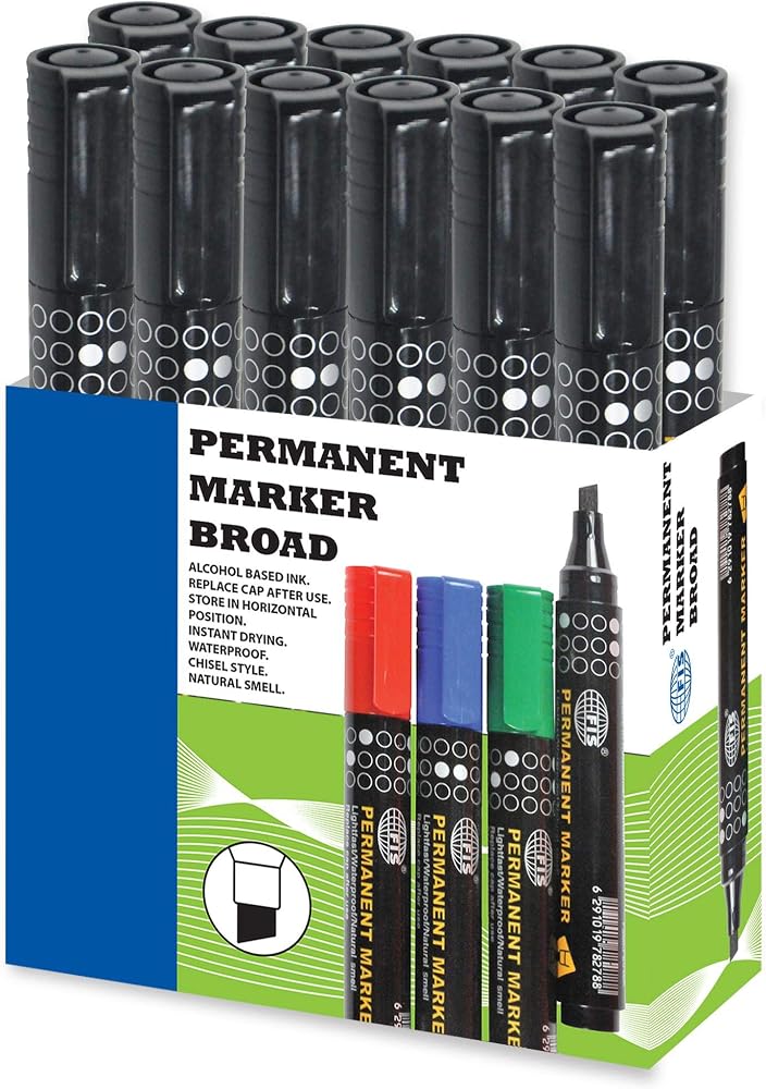 FIS® Permanent Marker, Broad Line Size, Waterproof, Low Odor, Non-Toxic, Alcohol Based Ink, Chisel Tip Style, Box of 12 Pieces, Black Color-FSMKPB04BK - Image 1