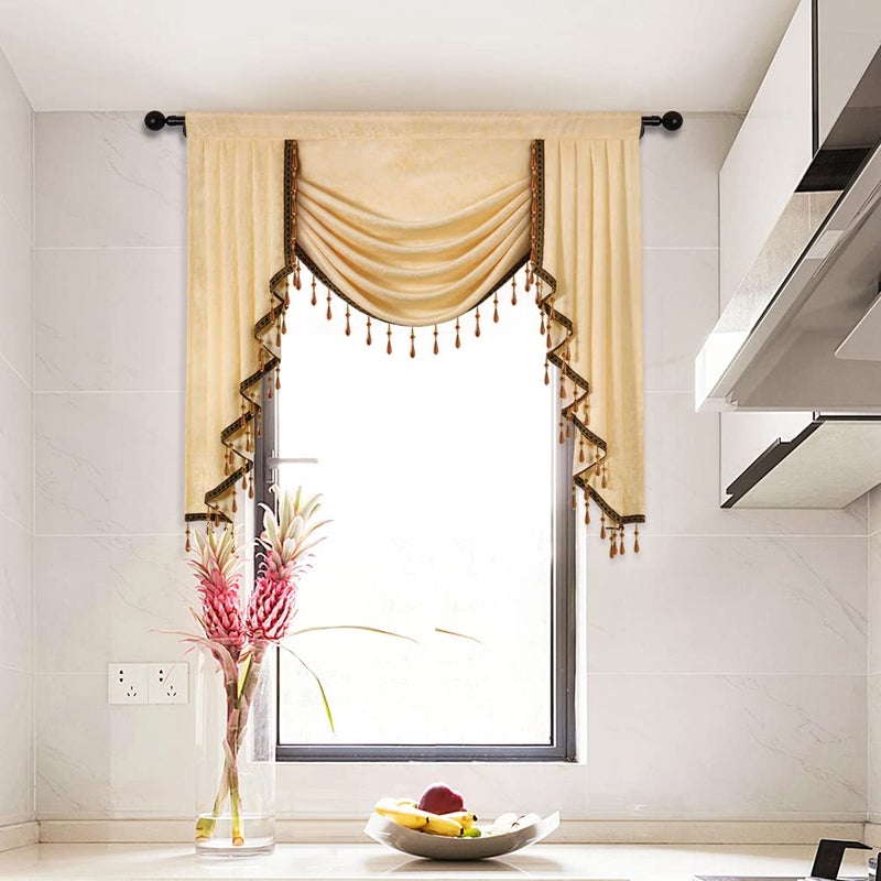 ELKCA Jacquard Waterfall Valance with Luxury Beads Beige Window Curtains Valance for Living RoomRod Pocket1 Panel Beige W39