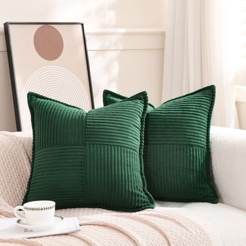 Puncuntex Corduroy Throw Pillow Covers Set of 2 Boho Decorative Green 18Ã—18 Inch,Super Soft Pillowcase Cozy Striped Texture Cushion Cover for Couch,Sofa,Farmhouse,Living Room - Image 1