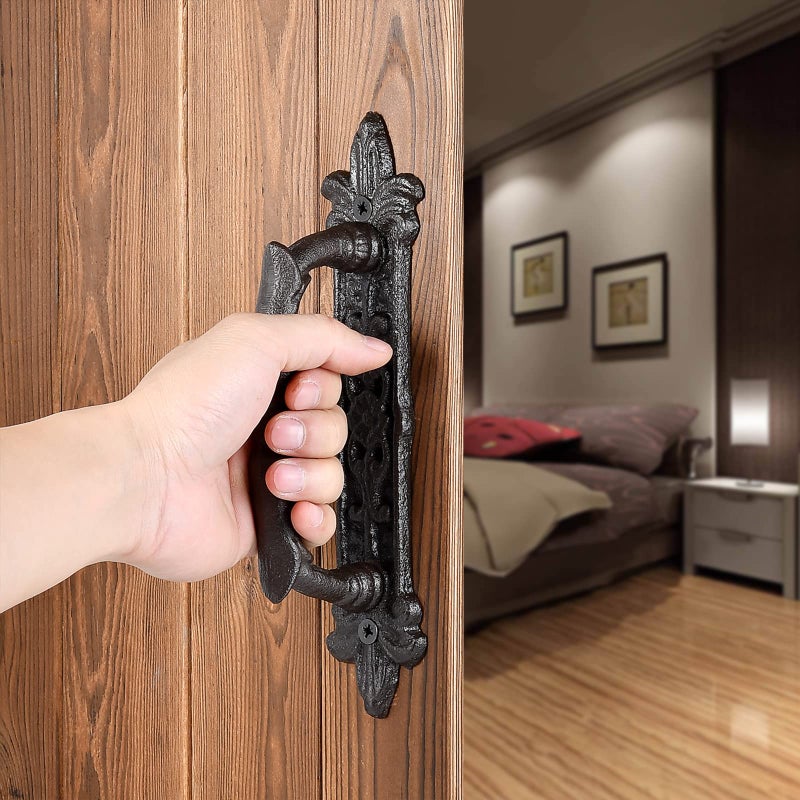 INIRET 2 Packs Heavy Duty 89 barn Door HandlesDark Brown Cast Iron Rustic Vintage Gate Fence Outdoor Garage Closet Drawer Cabinet Handles