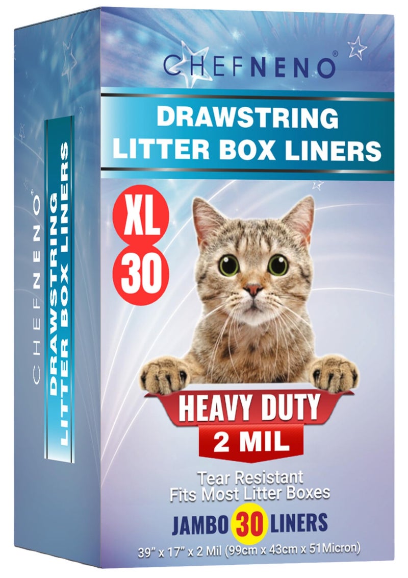 CHEFNENO Cat Litter Box Liners Drawstring XL (30 Bags) 39" x 17" Super Jumbo Scratch Resistant Extra Heavy 2 Mil Disposable Litter Box Liner Cat Litter Tray Bags (30 Count) - Image 1