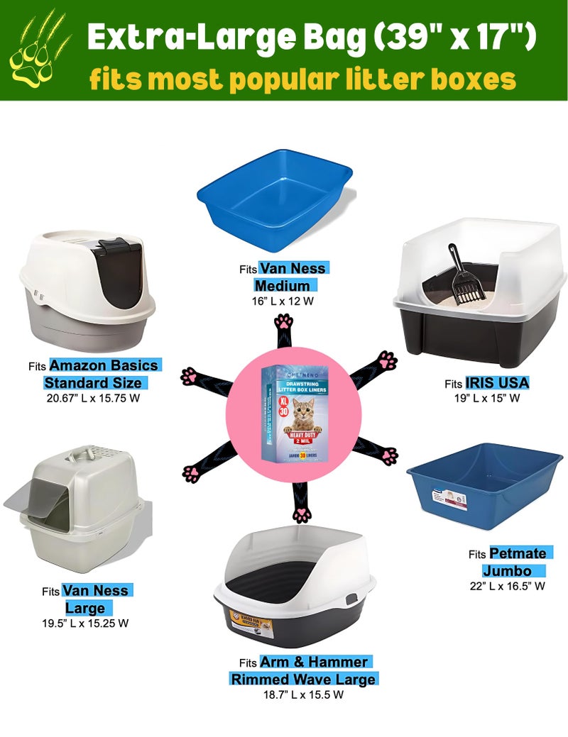 CHEFNENO Cat Litter Box Liners Drawstring XL (30 Bags) 39" x 17" Super Jumbo Scratch Resistant Extra Heavy 2 Mil Disposable Litter Box Liner Cat Litter Tray Bags (30 Count) - Image 4