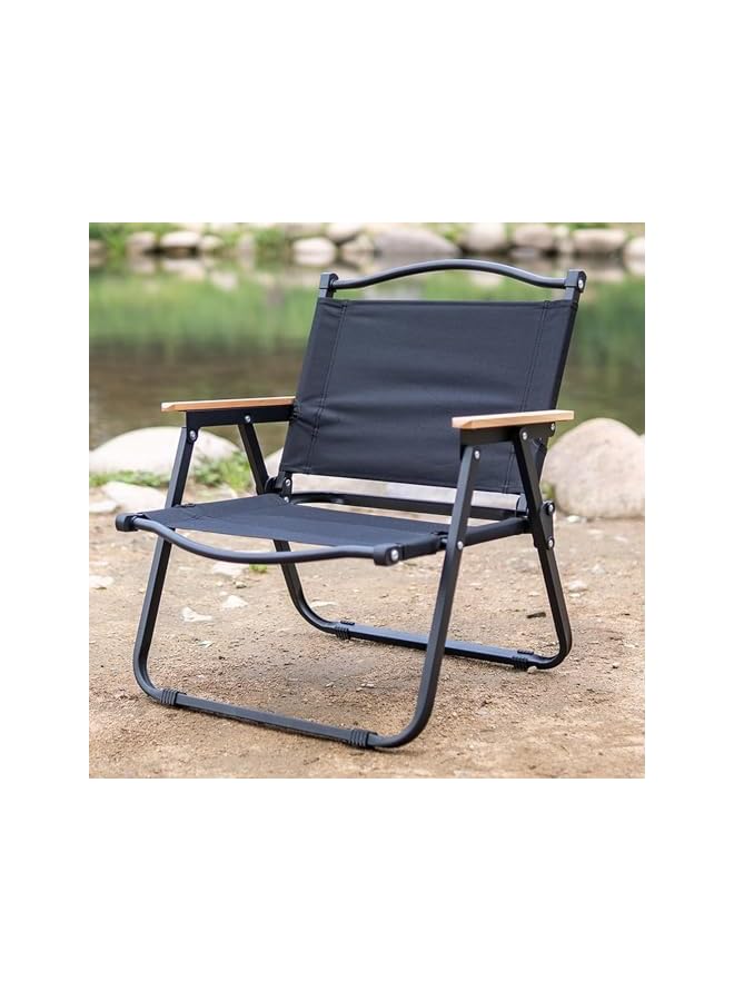 PROMASS كرسي مخيم، كرسي تخييم قابل للطي واسع محمول في الهواء الطلق، كرسي شاطئ فائق الخفة مع مقبض خشبي للنزهات والحدائق والترفيه والسفر والمشي وصيد السمك، كراسي قابلة للطي تدعم 330 رطل (أسود) - Image 2