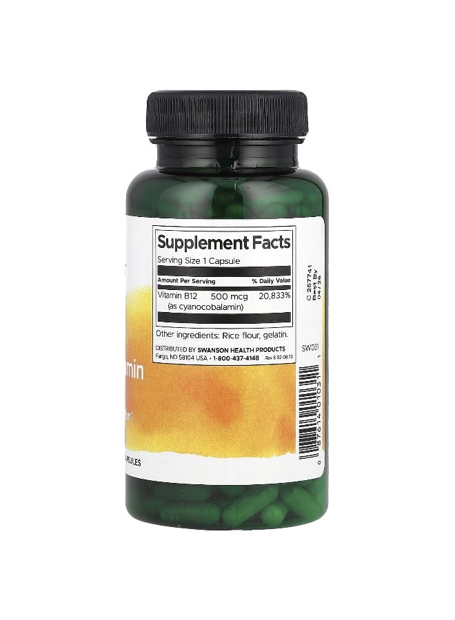 SWANSON سوانسون، فيتامين ب12، (سيانوكوبالامين)، 500 ميكروغرام، 250 كبسولة - Image 2