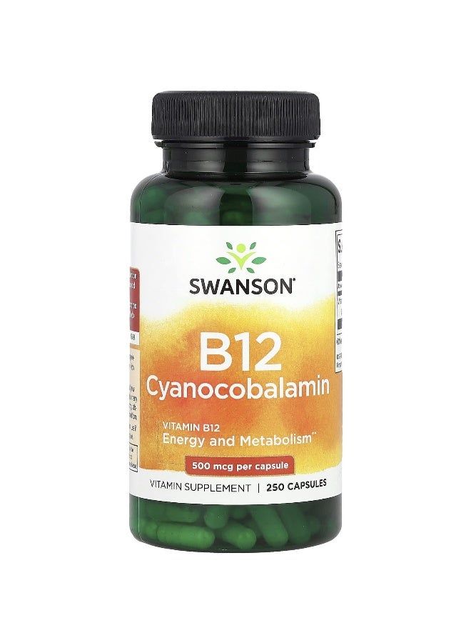 SWANSON سوانسون، فيتامين ب12، (سيانوكوبالامين)، 500 ميكروغرام، 250 كبسولة - Image 1