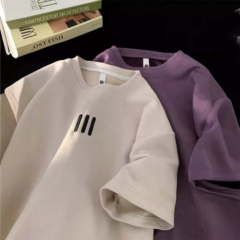 Suede 2024 American Style Heavy T-Shirt Men'S Fashion Brand Summer High Street Oversize Half Sleeve Vintage Embroidered Short Sleeve - Image 1