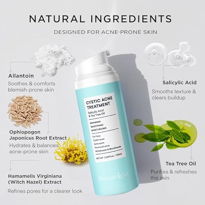 BELLAMILUXX Cystic Acne Treatment for Face: Hormonal Acne Treatment Cream for Teens & Adults - Salicylic Acid & Tea Tree Oil Pimple Spot Remover - Anti-Acne Moisturizer Reduces Redness, Blemishes - Image 5