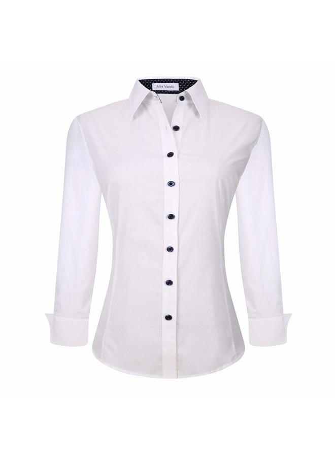 Alex Vando Womens Dress Shirts Wrinkle Free Button Down Shirts Stretch Work Blouses Long Sleeve,White,XL - Image 1