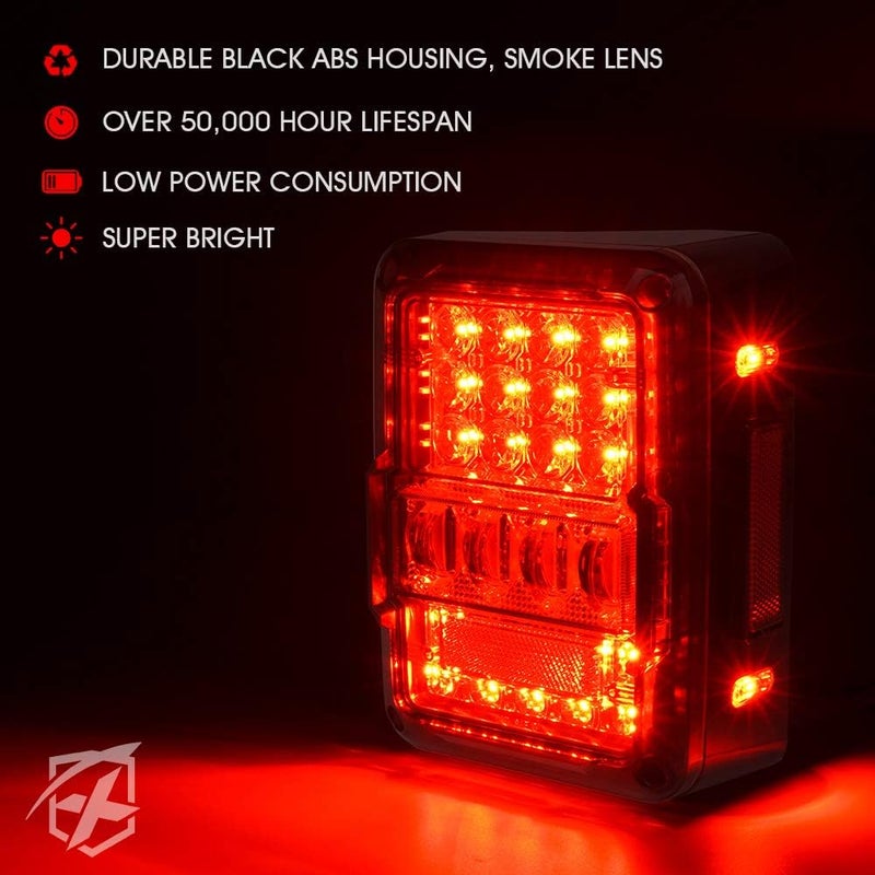 Xprite 4D Smoked LED Tail Lights Compatible with 2007-2018 Jeep Wrangler JK JKU, Plug & Play Rear Taillights w/Built-in Resistors, Parking, Brake, Turn Signal & Reverse Lights, DOT Approved - Image 2