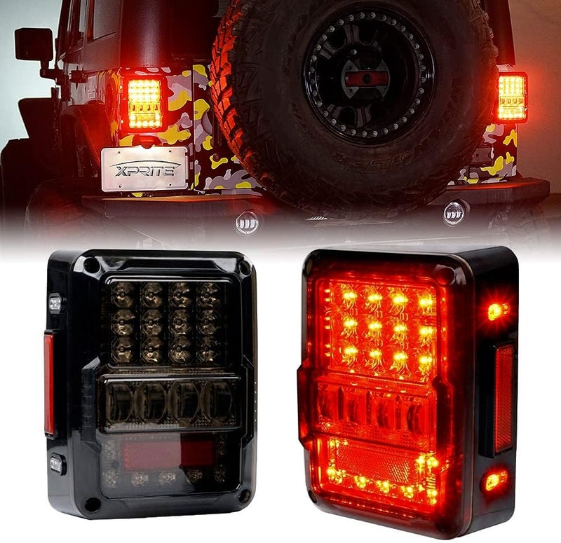 Xprite 4D Smoked LED Tail Lights Compatible with 2007-2018 Jeep Wrangler JK JKU, Plug & Play Rear Taillights w/Built-in Resistors, Parking, Brake, Turn Signal & Reverse Lights, DOT Approved - Image 1