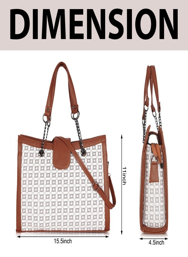 DANIEL CLARK Designer Handbag with Pattern Print, Brown Leather Trim, Chain Straps, Convertible Tote Shoulder Bag (White) - Image 5