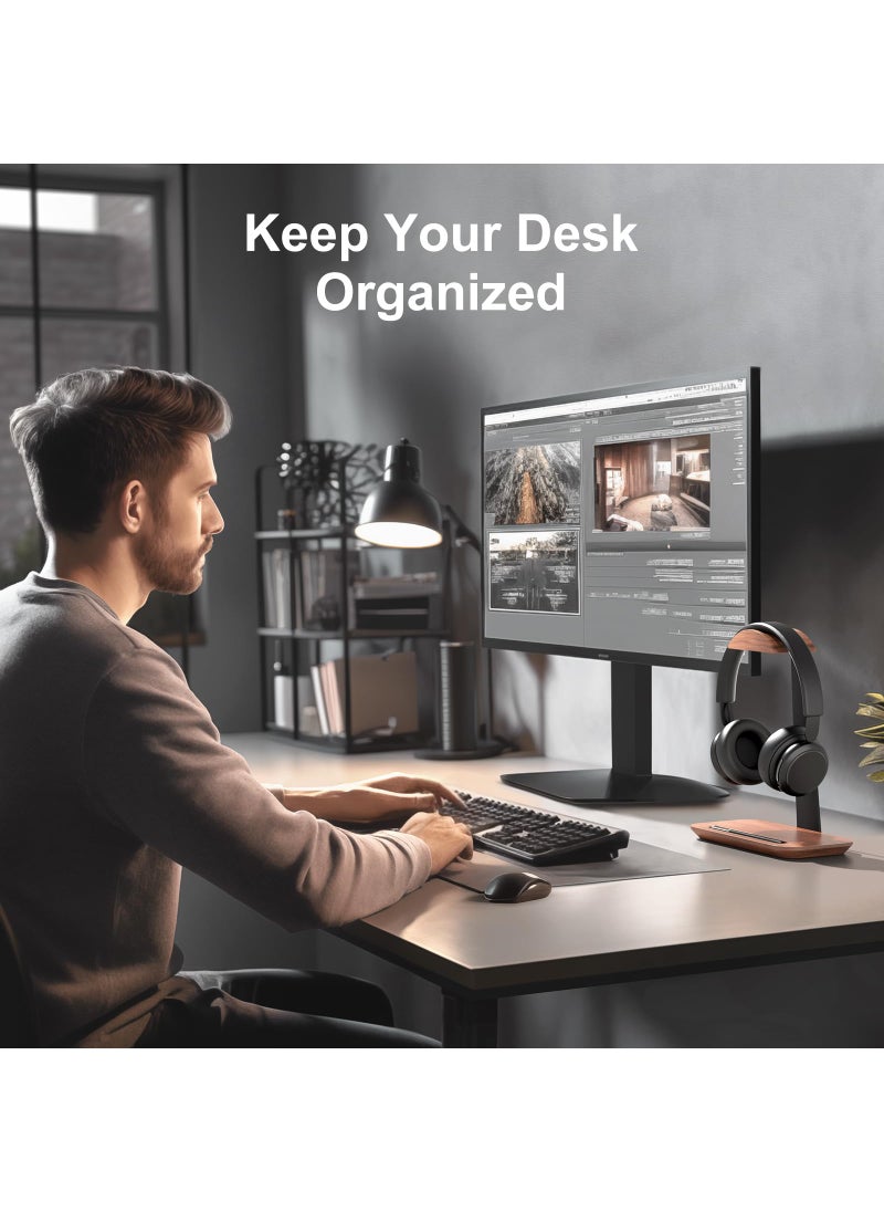 upergo UPERGO Walnut Headphone Stand, Wood Headset Stand for Desk, Universal Headphone Holder with Storage Base for Gaming, Airpod max, Bose,Razer  - Image 3