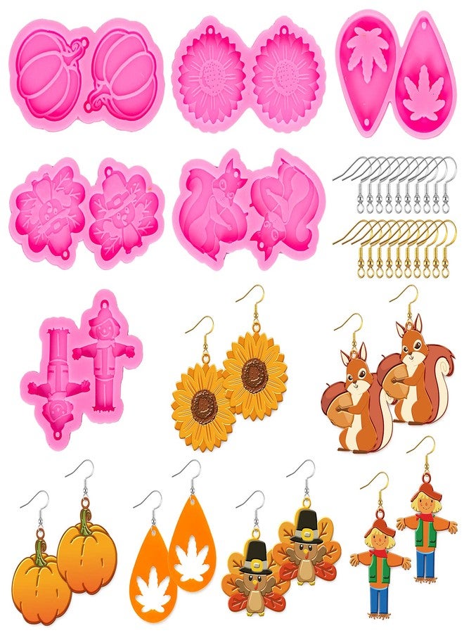Whaline 6 Pairs Fall Thanksgiving Earring Resin Molds with 40Pcs Earring Hook Autumn Sunflower Pumpkin Turkey Scarecrow Squirrel Shape Dangle Earring Silicone Moulds for Girl Earring Pendant DIY Craft - Image 1