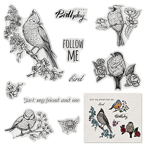 Threetols Birds Flowers Birthday Clear Stamps for Card Making Scrapbooking and Words Transparent Stamps Silicone Stamps Photo Album Decor Decoration and DIY Scrapbooking - Image 1