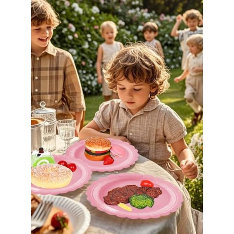 200 Pcs Disposable Paper Plates and Napkins, 25 Guest Party Supplies Dinnerware Set Include Scalloped Plates Paper Napkin Cup Straw Plastic Spoon Fork Knive Pink - Image 5