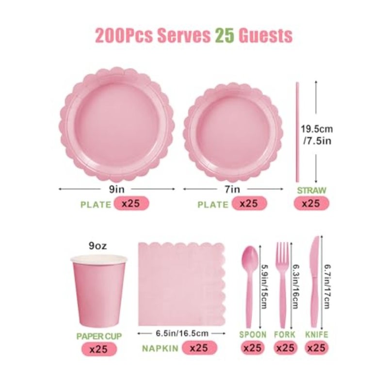 200 Pcs Disposable Paper Plates and Napkins, 25 Guest Party Supplies Dinnerware Set Include Scalloped Plates Paper Napkin Cup Straw Plastic Spoon Fork Knive Pink - Image 2