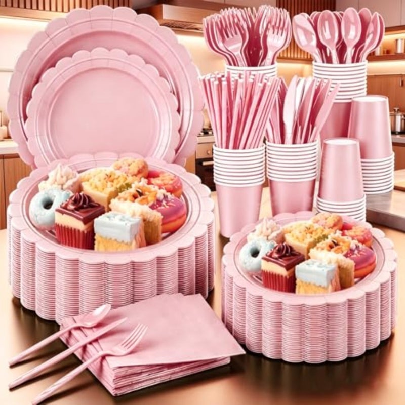 200 Pcs Disposable Paper Plates and Napkins, 25 Guest Party Supplies Dinnerware Set Include Scalloped Plates Paper Napkin Cup Straw Plastic Spoon Fork Knive Pink - Image 1