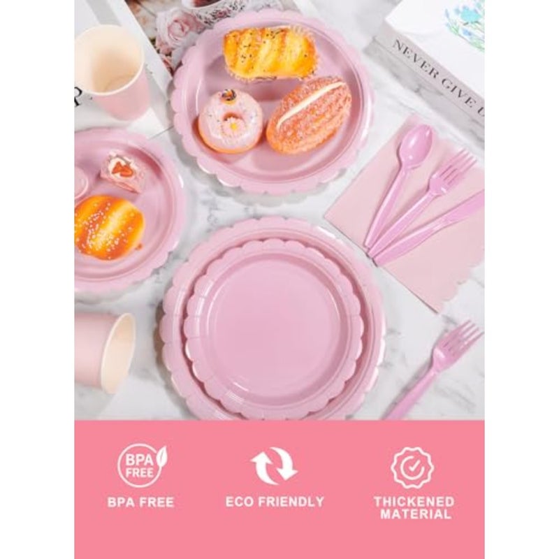 200 Pcs Disposable Paper Plates and Napkins, 25 Guest Party Supplies Dinnerware Set Include Scalloped Plates Paper Napkin Cup Straw Plastic Spoon Fork Knive Pink - Image 3
