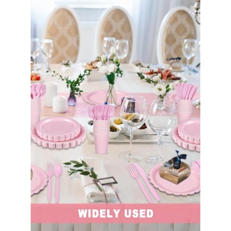 200 Pcs Disposable Paper Plates and Napkins, 25 Guest Party Supplies Dinnerware Set Include Scalloped Plates Paper Napkin Cup Straw Plastic Spoon Fork Knive Pink - Image 4