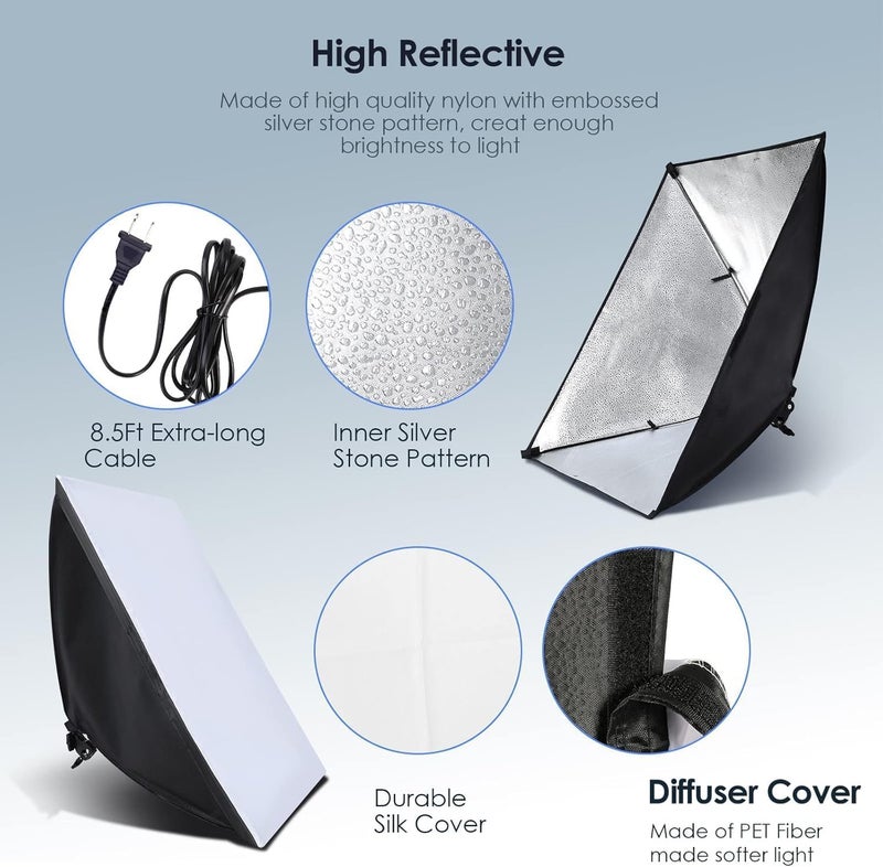 Lighting Kit, Continuous Photography Lighting Kit with 2x20x28in Soft Box | 2X 150W 2700-6400K E27 LED Bulb, Photo Studio Lights Equipment for Camera Shooting, Video Recording - Image 4
