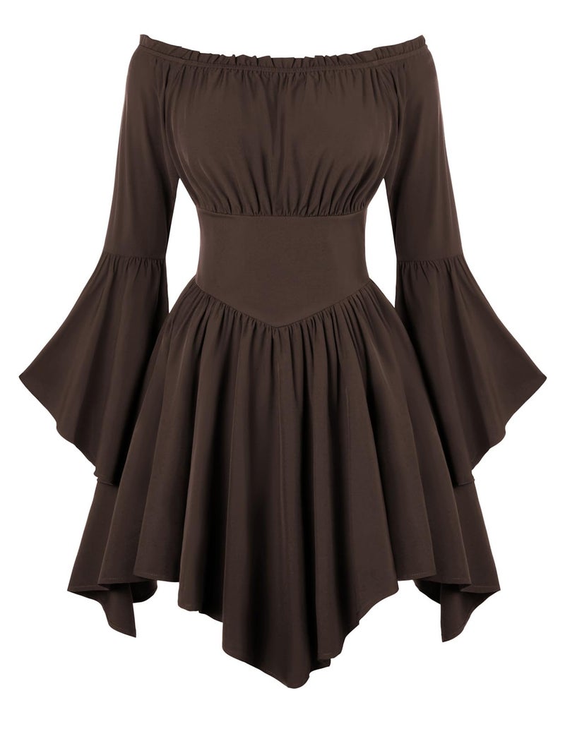 Scarlet Darkness Renaissance Costume Women Pirate Off Shoulder Bell Sleeve Fairy Dress Brown S - Image 2