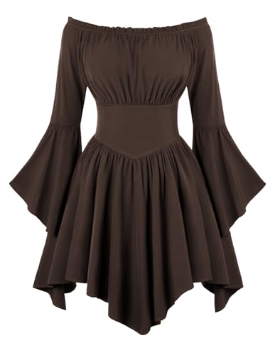 Scarlet Darkness Renaissance Costume Women Pirate Off Shoulder Bell Sleeve Fairy Dress Brown S - Image 1