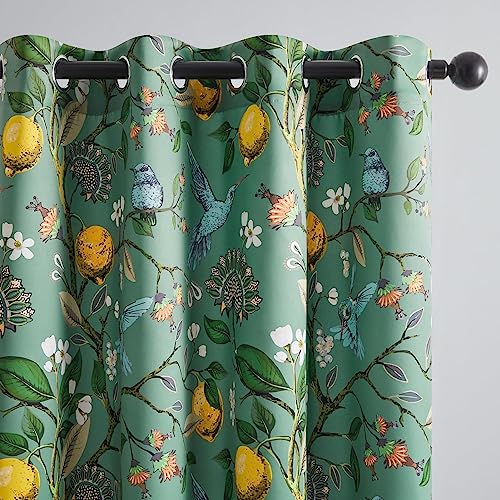 Topfinel Floral Two Pages Curtains 84 Inches Long Drapes,Vintage French Country Grommet Botanical Hummingbird Woodland Jungle Victorian Patterned Sage Green Lemon Drapes for Bedroom Dining Living Room - Image 1