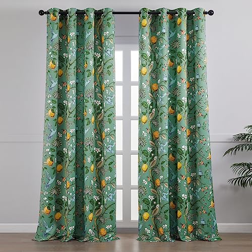 Topfinel Floral Two Pages Curtains 84 Inches Long Drapes,Vintage French Country Grommet Botanical Hummingbird Woodland Jungle Victorian Patterned Sage Green Lemon Drapes for Bedroom Dining Living Room - Image 2