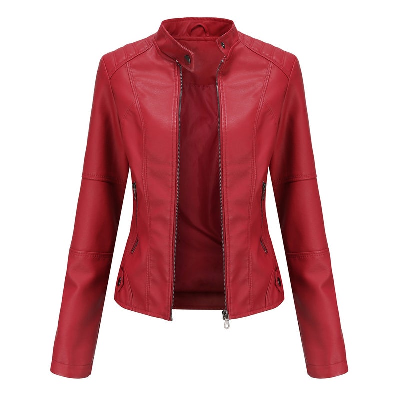 Women's Slim Fit PU Faux Leather Biker Jacket with Stand Collar and Zip Front, Lightweight Spring Autumn Coat - Image 1