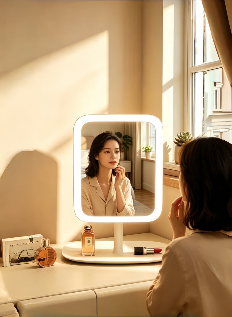 loven LED makeup mirror with tray, square vanity mirror, tri-color light, 270° rotation. - Image 2