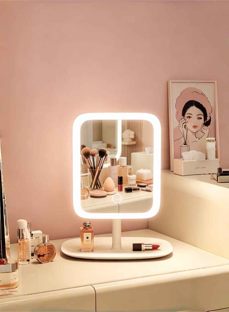 loven LED makeup mirror with tray, square vanity mirror, tri-color light, 270° rotation. - Image 1