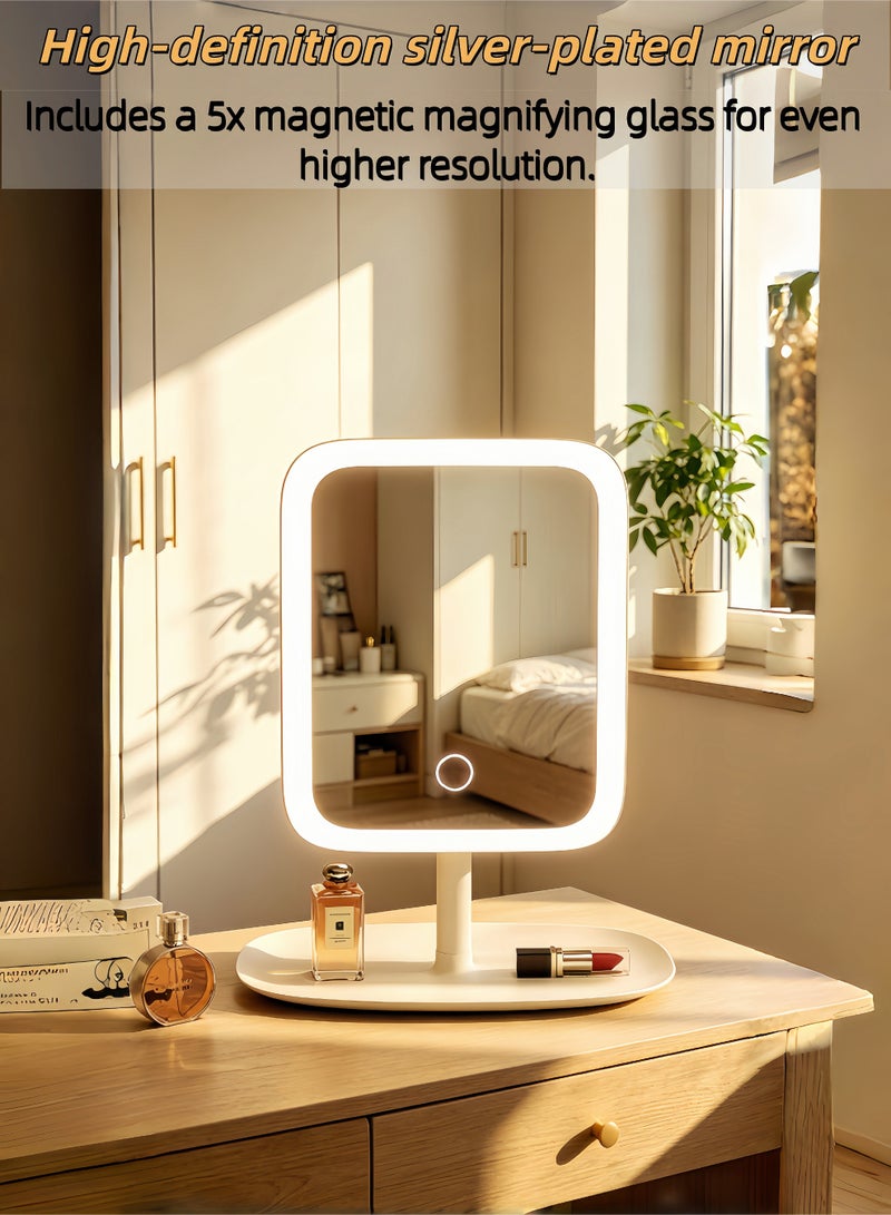 loven LED makeup mirror with tray, square vanity mirror, tri-color light, 270° rotation. - Image 4