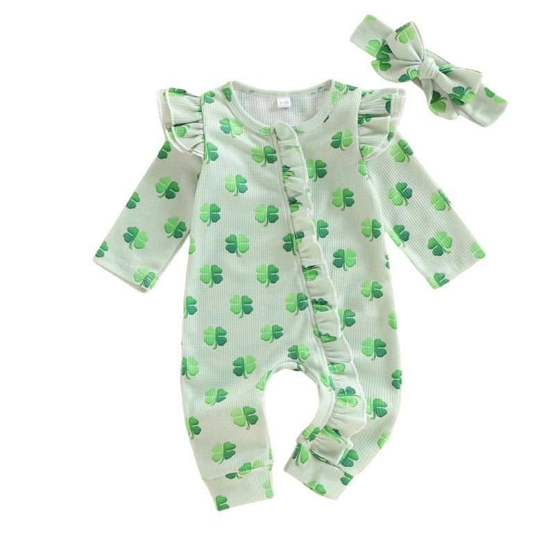 Lamuusaa Newborn Baby Girl St Patricks Day Outfit Ruffle Four Leaf Clover Romper Waffle Zipper Jumpsuit Headband (Green, 0-3 Months) - Image 1