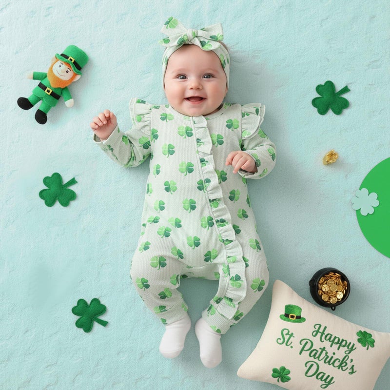Lamuusaa Newborn Baby Girl St Patricks Day Outfit Ruffle Four Leaf Clover Romper Waffle Zipper Jumpsuit Headband (Green, 0-3 Months) - Image 2