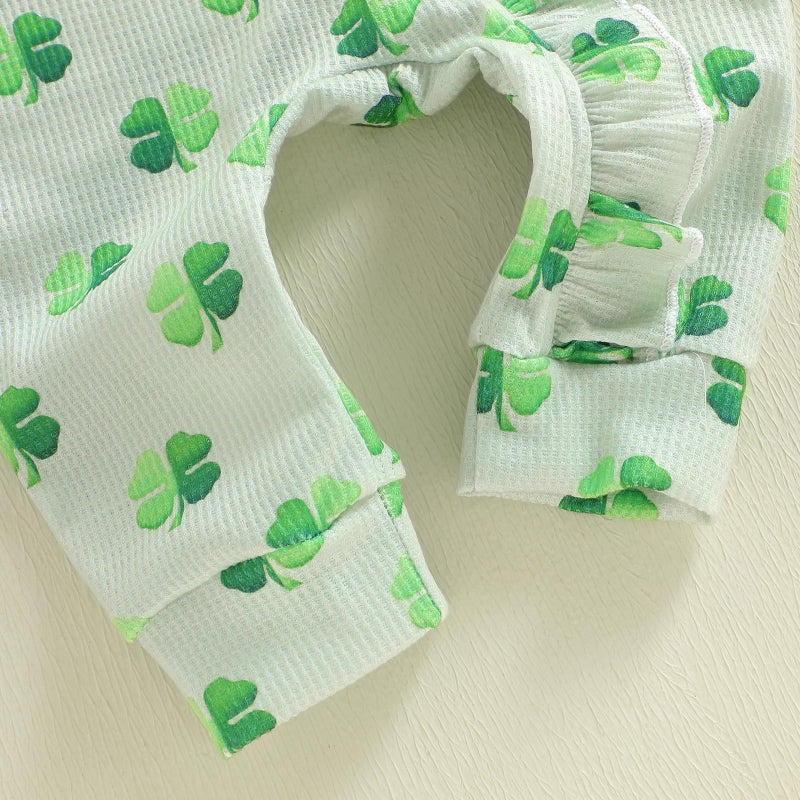 Lamuusaa Newborn Baby Girl St Patricks Day Outfit Ruffle Four Leaf Clover Romper Waffle Zipper Jumpsuit Headband (Green, 0-3 Months) - Image 5