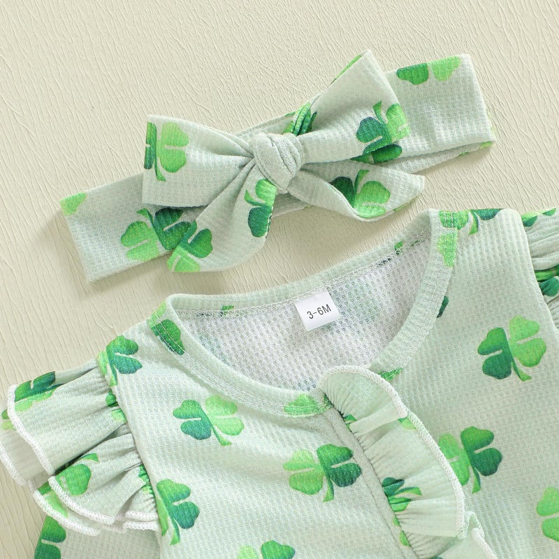 Lamuusaa Newborn Baby Girl St Patricks Day Outfit Ruffle Four Leaf Clover Romper Waffle Zipper Jumpsuit Headband (Green, 0-3 Months) - Image 4