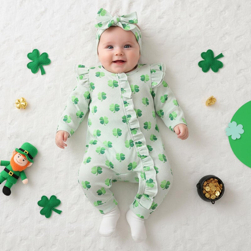Lamuusaa Newborn Baby Girl St Patricks Day Outfit Ruffle Four Leaf Clover Romper Waffle Zipper Jumpsuit Headband (Green, 0-3 Months) - Image 3