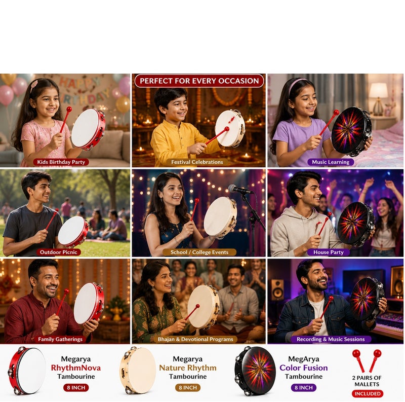 Megarya 8 Inch Tambourine Combo Pack with 3 Tambourines & 6 Red Mallets | RhythmNova, Nature Rhythm & Color Fusion | Handheld Percussion Instrument Set for Kids, Adults, Schools, Church, Worship, Music Classes & Performances - Image 2
