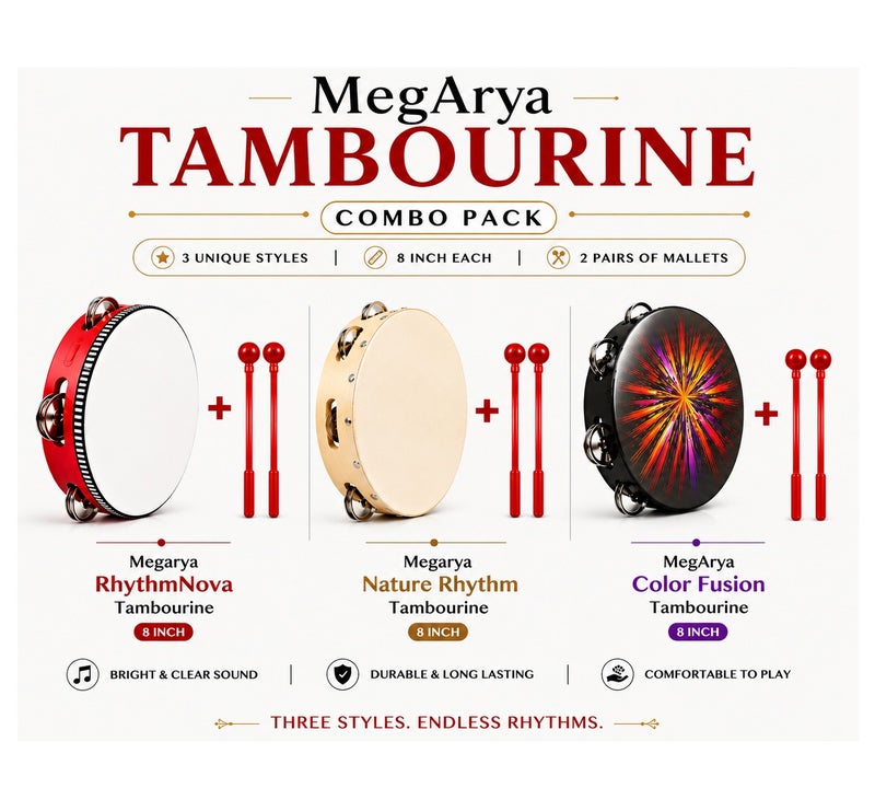 Megarya 8 Inch Tambourine Combo Pack with 3 Tambourines & 6 Red Mallets | RhythmNova, Nature Rhythm & Color Fusion | Handheld Percussion Instrument Set for Kids, Adults, Schools, Church, Worship, Music Classes & Performances - Image 1