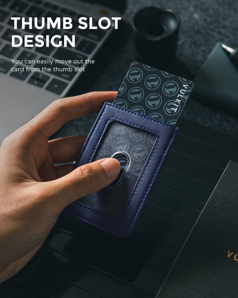 VULKIT ID Badge Holder with Lanyard for Women and Men Vertical Leather Badge Holder with Clear ID Window Card Holder Slot and Money Pocket Navy - Image 3