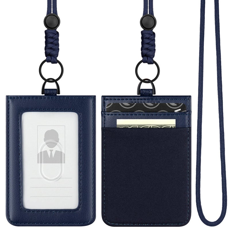 VULKIT ID Badge Holder with Lanyard for Women and Men Vertical Leather Badge Holder with Clear ID Window Card Holder Slot and Money Pocket Navy - Image 1