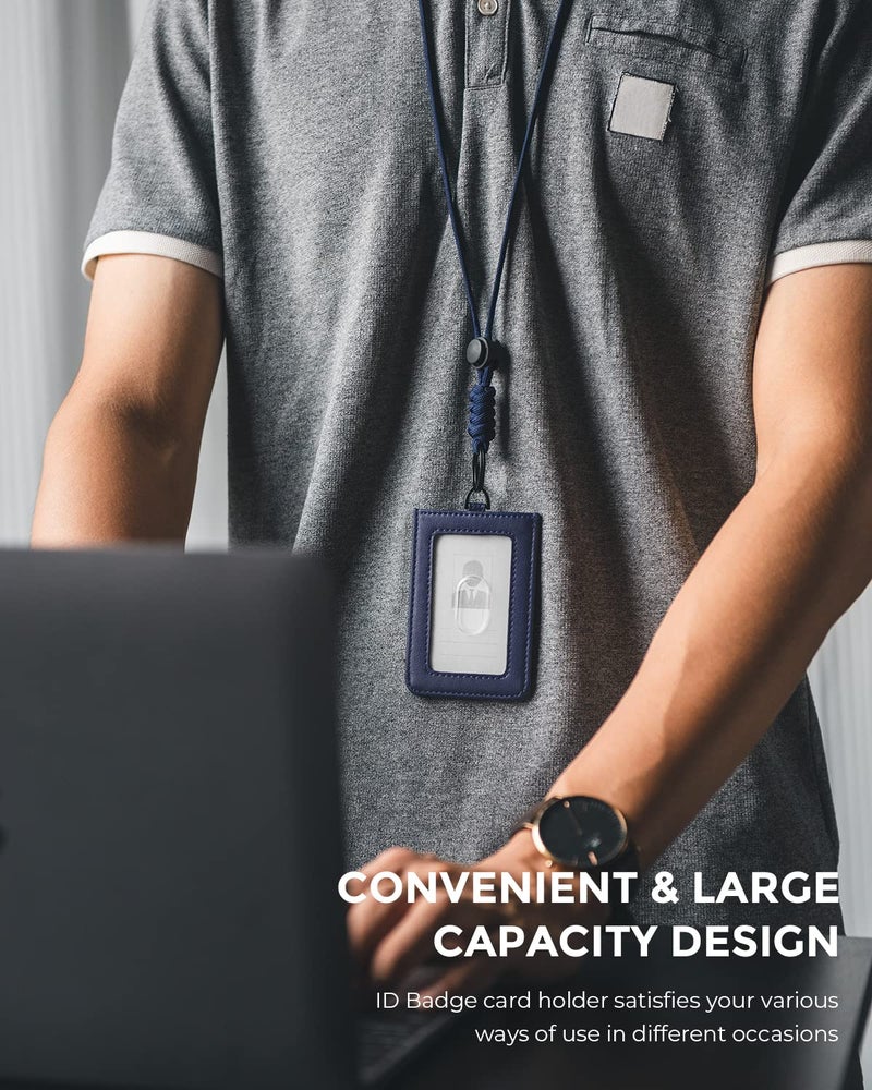 VULKIT ID Badge Holder with Lanyard for Women and Men Vertical Leather Badge Holder with Clear ID Window Card Holder Slot and Money Pocket Navy - Image 4