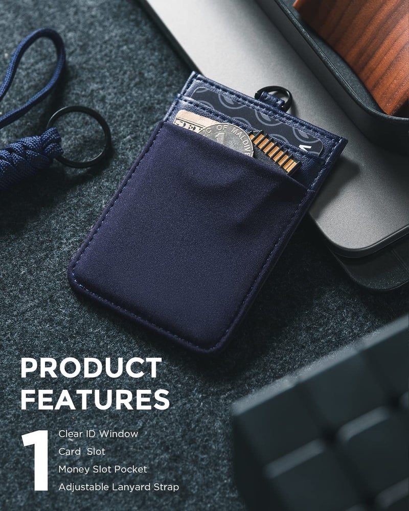 VULKIT ID Badge Holder with Lanyard for Women and Men Vertical Leather Badge Holder with Clear ID Window Card Holder Slot and Money Pocket Navy - Image 2