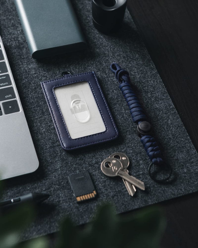 VULKIT ID Badge Holder with Lanyard for Women and Men Vertical Leather Badge Holder with Clear ID Window Card Holder Slot and Money Pocket Navy - Image 5