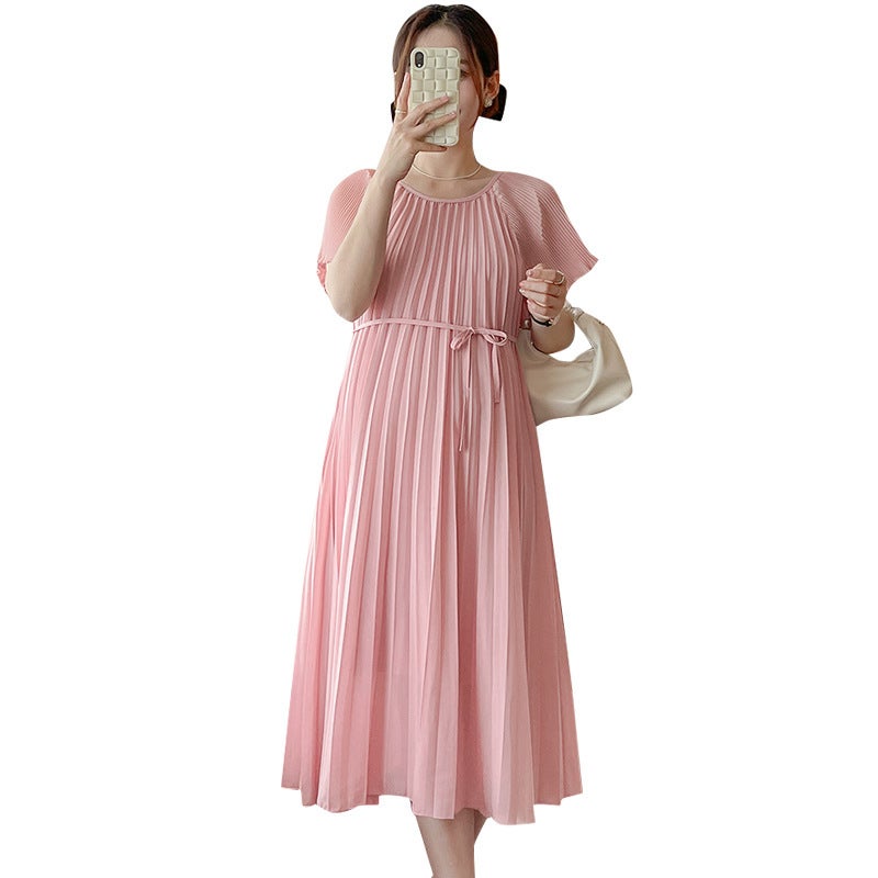 Sweet Maternity Dress 2024 Summer Pleated Mid-Length Pink  - Image 5