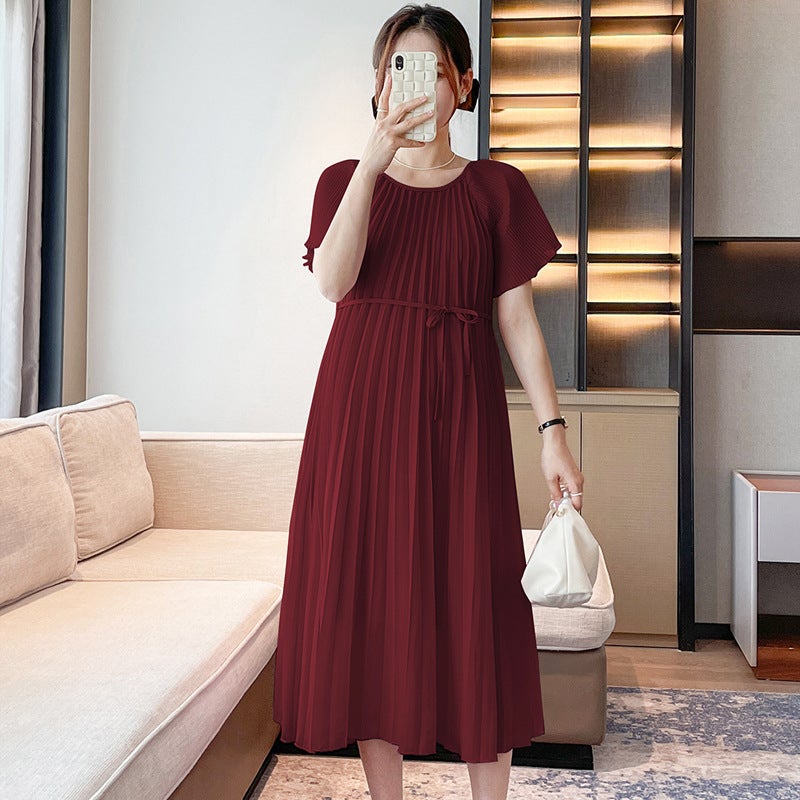 Sweet Maternity Dress 2024 Summer Pleated Mid-Length Pink  - Image 3