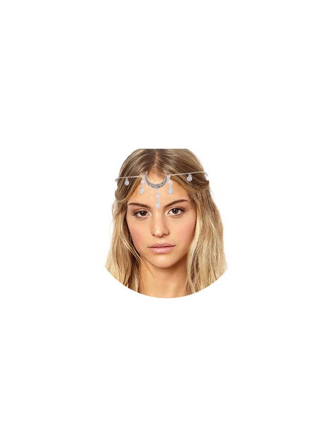 Aularso Ularso Vintage Head Chain Crescent Moon Forehead Chain White Crystal Headpieces Jewelry Halloween Hair Accessories For Women And Girls (Silver) - Image 2
